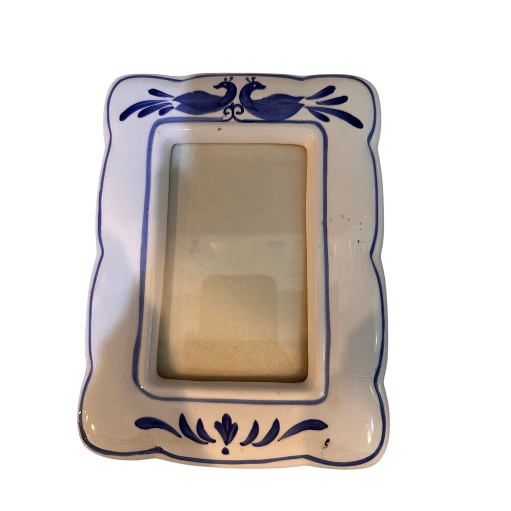 Vintage Asian Blue & White Hand Painted Ceramic Picture Frame